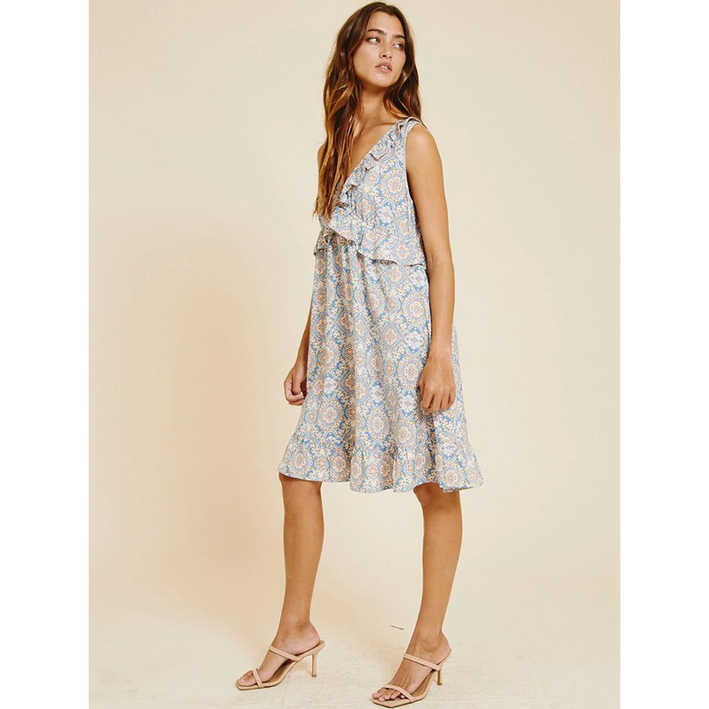 Icy Blue Sleeveless Ruffle Waist Floral Dress - Picture 2 of 4